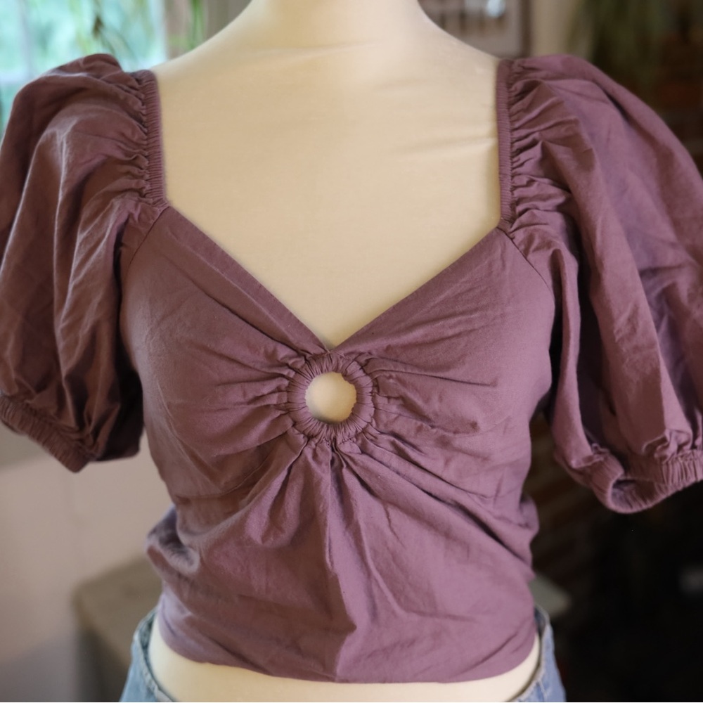 Purple Crop Top with Puff Sleeves